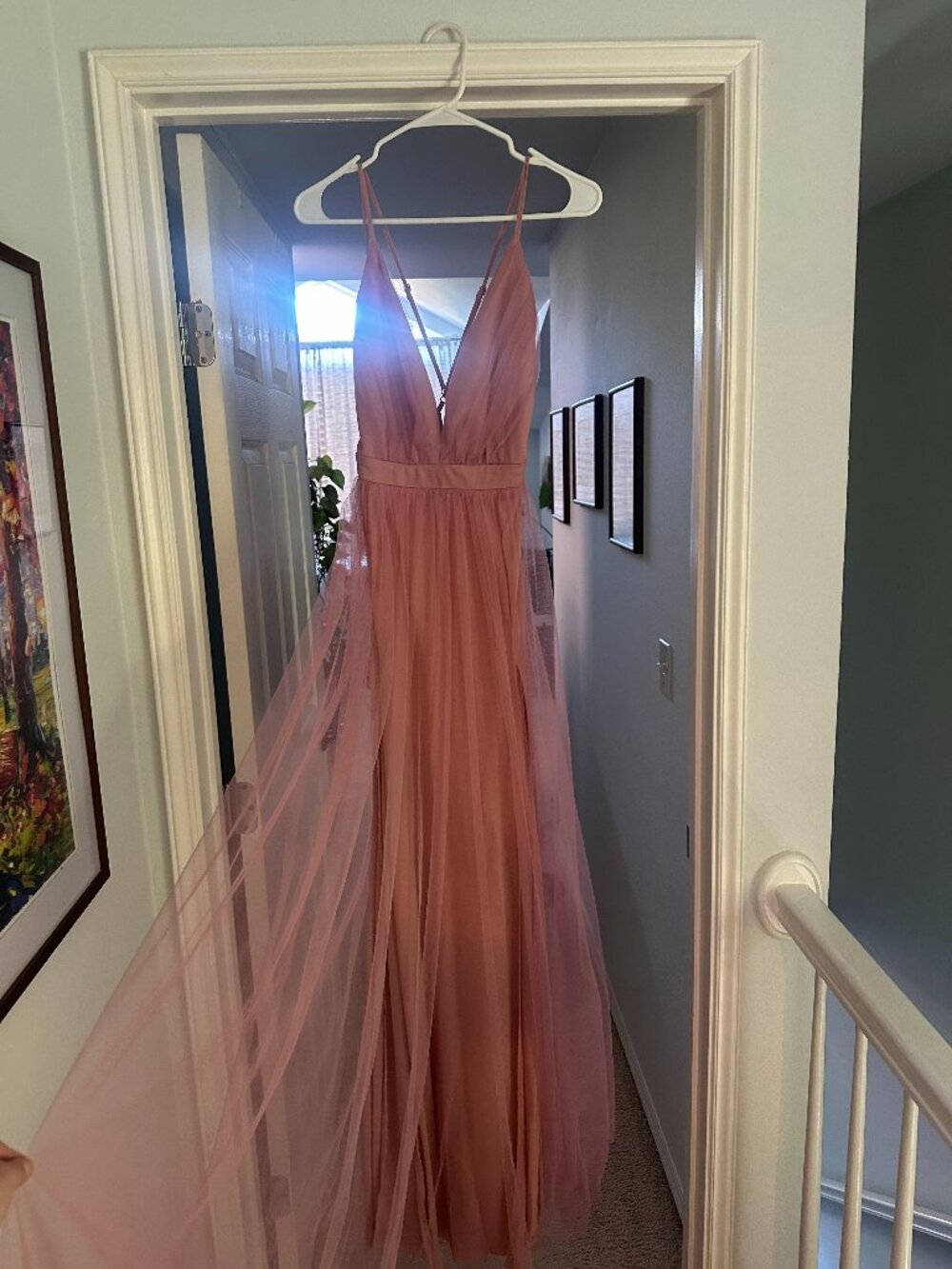 Maniju Plunging V-Neck Tulle Evening Gown Dusty Rose Medium (Windsor Style)